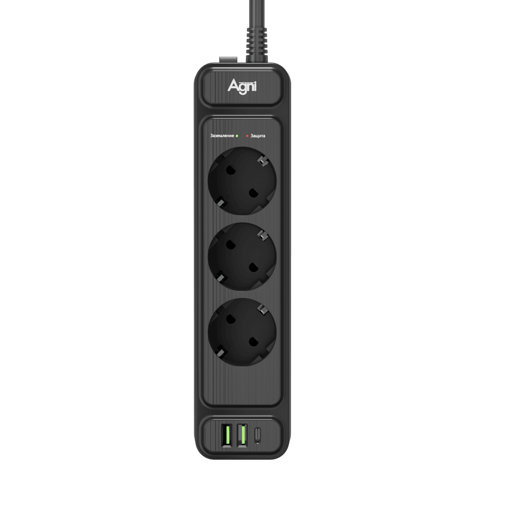 Сетевой фильтр плоский 3 розетки, 2 метра, 2 USB + 1 Type-C 20 Вт, чёрный TP-FS3U3E-PD>