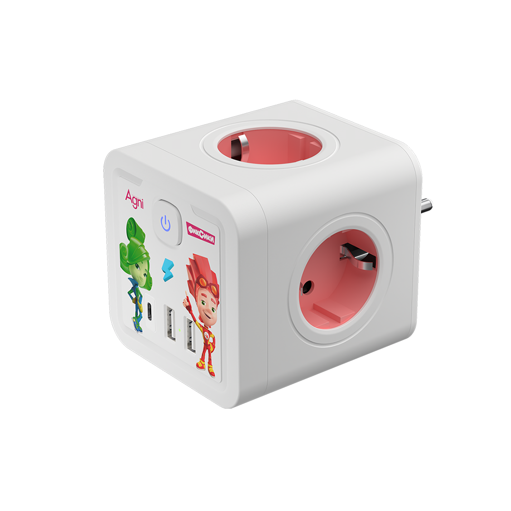 Разветвитель AGNI х Фиксики на 4 розетки, 2 USB + 1 Type-C 20 Вт, белый TP-WJ3U4E-C-FX