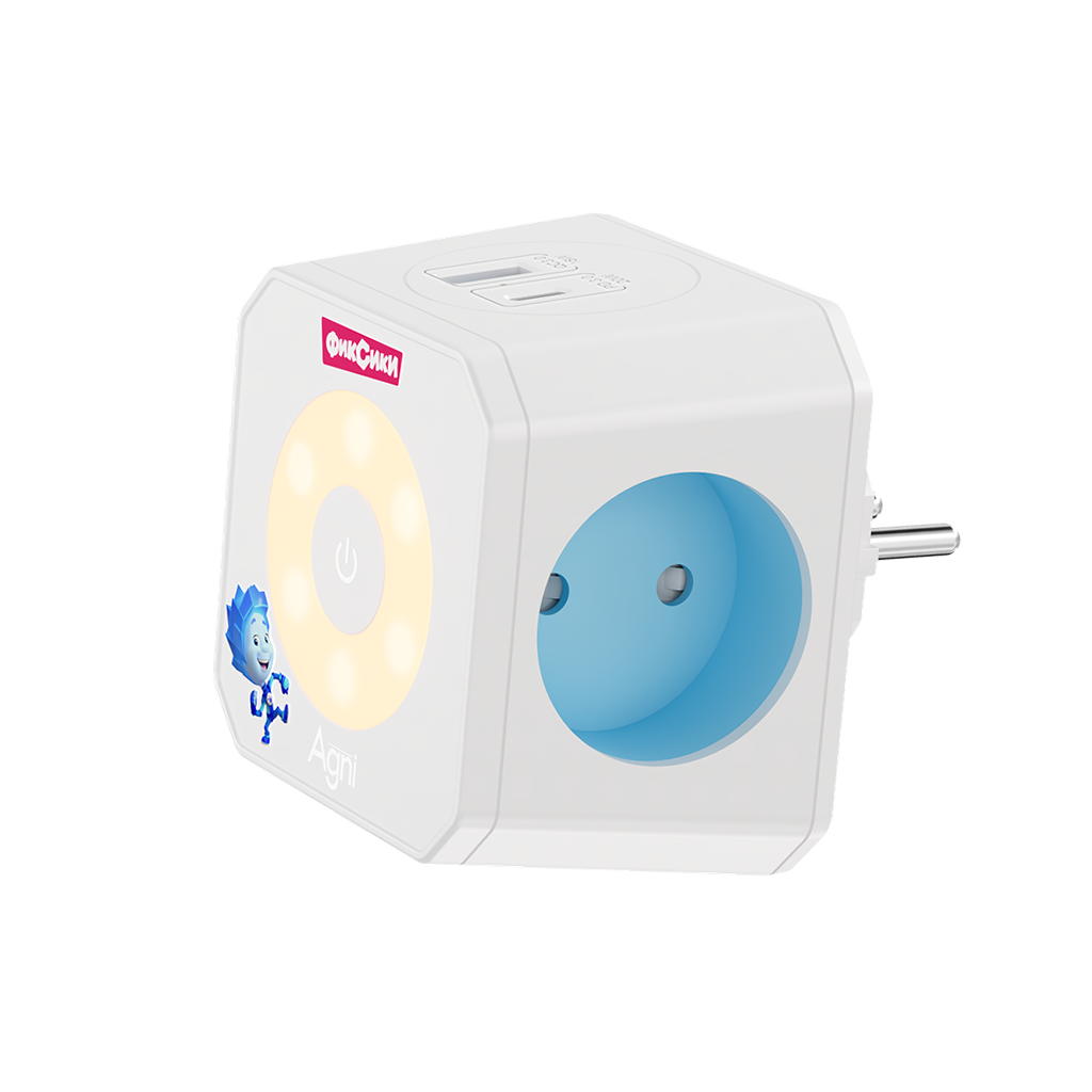 Разветвитель для розетки AGNI х Фиксики на 3 розетки, ночник, 1 USB 18 Вт + 1 Type-C 20 Вт, белый TP-WJ2U3E-L-FX