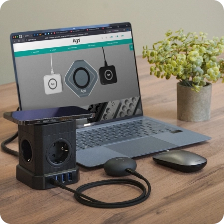 Сетевой фильтр башня 4 розетки, 2 метра, 3 USB + 1 Type-C 20 Вт, беспроводная зарядка, чёрный TP-VE4U5E-C-W