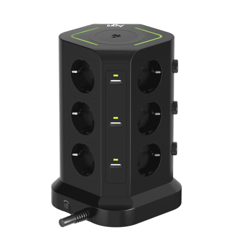 Сетевой фильтр башня 12 розеток, 2 метра, 3 USB + 2 Type-C 65 Вт, GaN, беспроводная зарядка, чёрный TP-VG6U12E-C-W