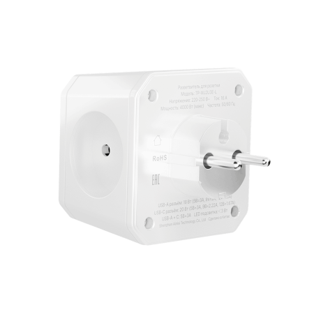Разветвитель на 3 розетки, ночник, 1 USB 18 Вт + 1 Type-C 20 Вт, белый TP-WJ2U3E-L