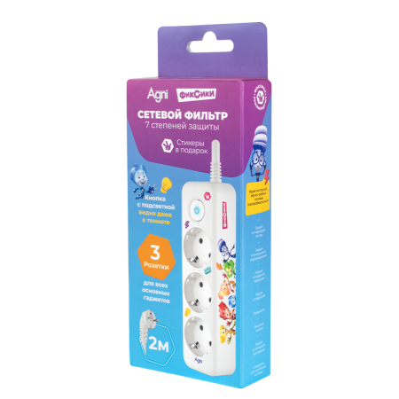 Cетевой фильтр плоский AGNI х Фиксики 3 розетки, 2 метра, белый TP-FD3E-FX