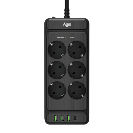 Сетевой фильтр плоский 6 розеток, 2 метра, 3 USB + 1 Type-C 20 Вт, чёрный TP-FS4U6E-C