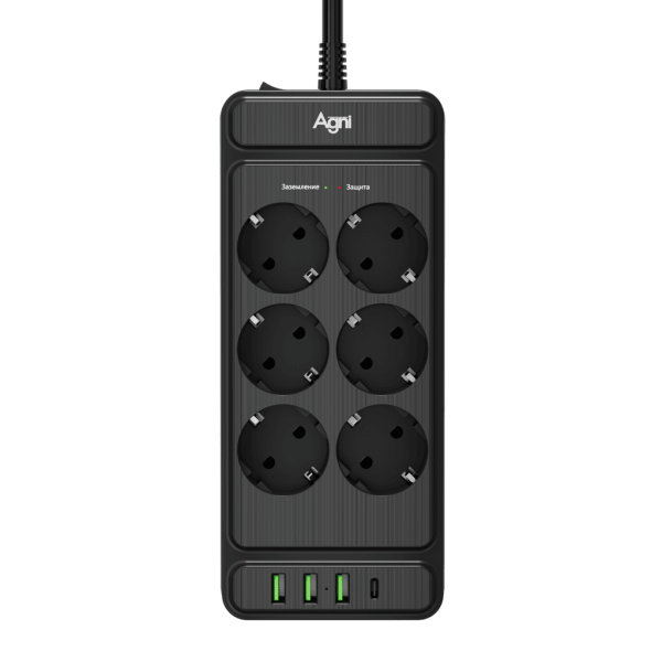 Сетевой фильтр плоский 6 розеток, 3 метра, 3 USB + 1 Type-C 20 Вт, чёрный TP-FS4U6E-C