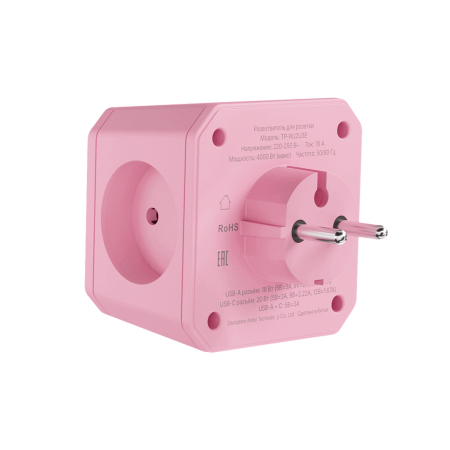 Разветвитель на 3 розетки, 1 USB 18 Вт + 1 Type-C 20 Вт, розовая сакура TP-WJ2U3E
