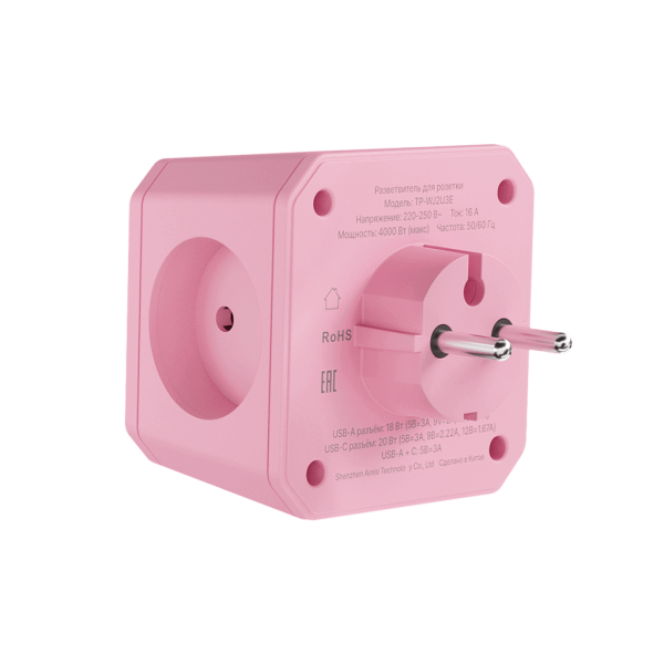 Разветвитель на 3 розетки, 1 USB 18 Вт + 1 Type-C 20 Вт, розовая сакура TP-WJ2U3E