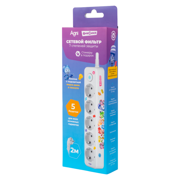 Cетевой фильтр плоский AGNI х Фиксики на 5 розеток, 2 метра, белый TP-FD5E-FX