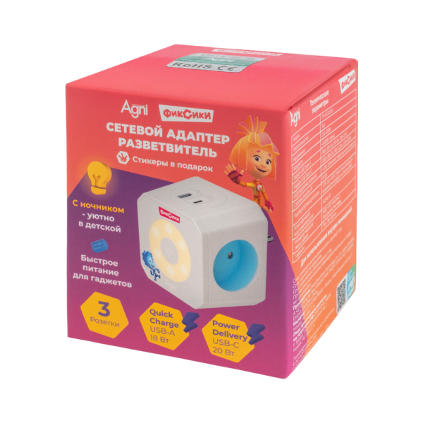 Разветвитель для розетки AGNI х Фиксики на 3 розетки, ночник, 1 USB 18 Вт + 1 Type-C 20 Вт, белый TP-WJ2U3E-L-FX