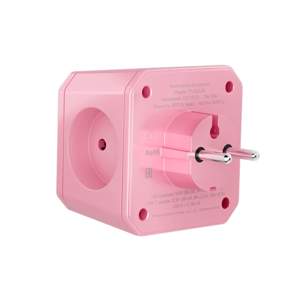 Разветвитель на 3 розетки, 1 USB 18 Вт + 1 Type-C 20 Вт, розовый TP-WJ2U3E