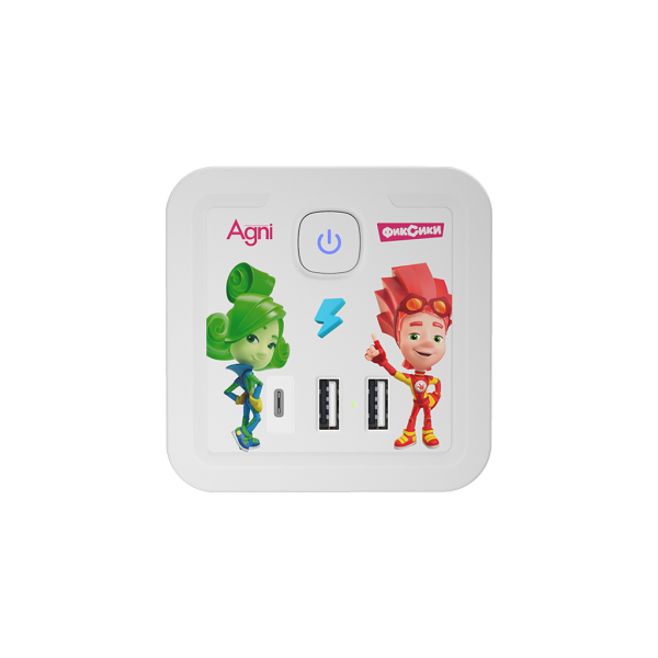 Разветвитель AGNI х Фиксики на 4 розетки, 2 USB + 1 Type-C 20 Вт, белый TP-WJ3U4E-C-FX
