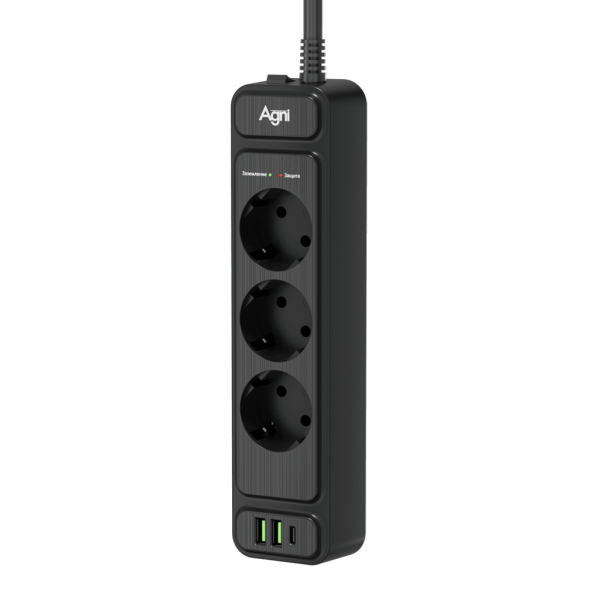 Сетевой фильтр плоский 3 розетки, 5 метров, 2 USB +1 Type-C 20 Вт, чёрный TP-FS3U3E-PD