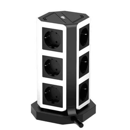 Сетевой фильтр башня 9 розеток, 3 метра, 4 USB + 1 Type-C 65 Вт, чёрный белый TP-VD5U9E-C