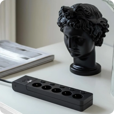 Cетевой фильтр плоский 5 розеток, 2 метра, 2 USB + 1 Type-C 20 Вт, чёрный TP-FI3U5E-C