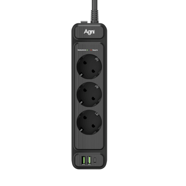 Сетевой фильтр плоский 3 розетки, 5 метров, 2 USB +1 Type-C 20 Вт, чёрный TP-FS3U3E-PD