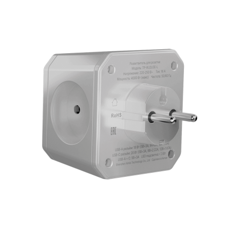 Разветвитель на 3 розетки, ночник, 1 USB 18 Вт + 1 Type-C 20 Вт, серый TP-WJ2U3E-L