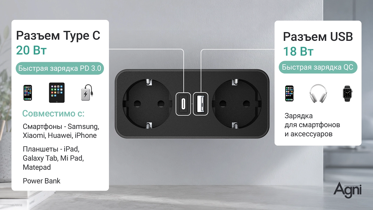 Разветвитель на 2 розетки, 1 USB + 1 Type-C 20 Вт, чёрный TP-WB2U2E