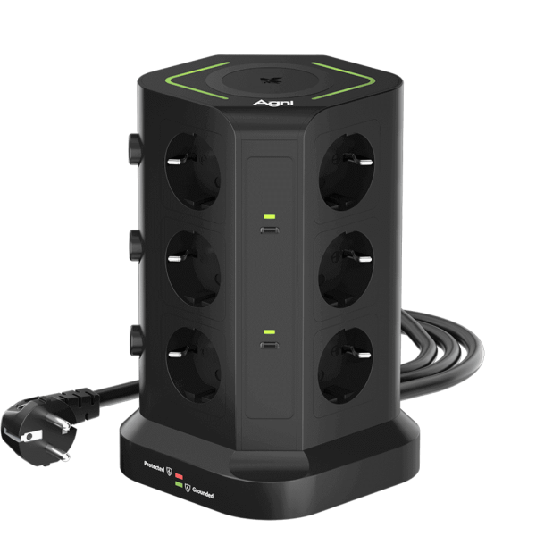 Сетевой фильтр башня 12 розеток, 2 метра, 3 USB + 2 Type-C 65 Вт, GaN, беспроводная зарядка, чёрный TP-VG6U12E-C-W