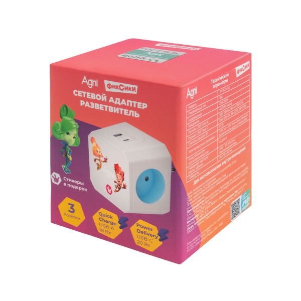 Разветвитель AGNI х Фиксики на 3 розетки, 1 USB 18 Вт + 1 Type-C 20 Вт, белый TP-WJ2U3E-FX