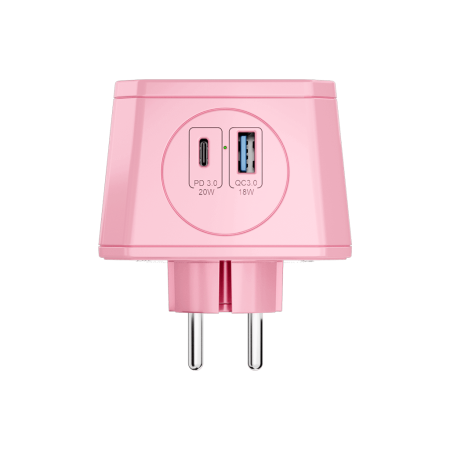 Разветвитель на 3 розетки, ночник, 1 USB 18 Вт + 1 Type-C 20 Вт, розовый TP-WJ2U3E-L