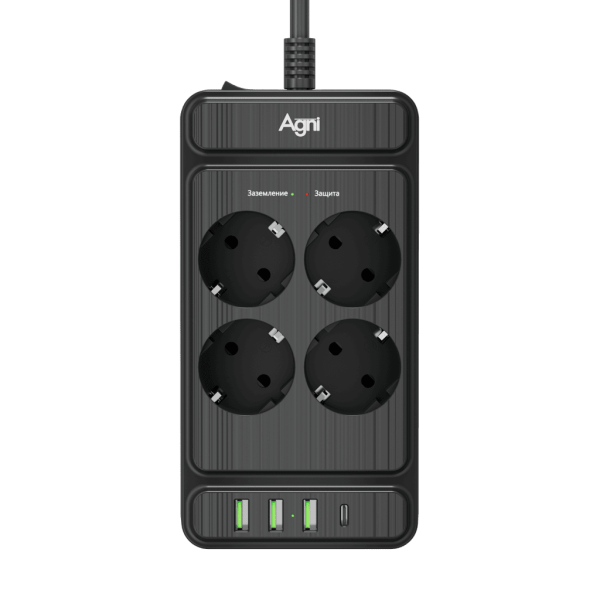 Сетевой фильтр плоский 4 розетки, 3 метра, 3 USB + 1 Type-C 20 Вт, чёрный TP-FS4U4E-PD
