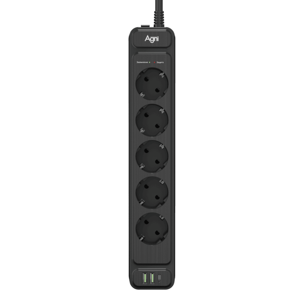 Сетевой фильтр плоский 5 розеток, 2 метра, 2 USB + 1 Type-C 20 Вт, чёрный TP-FS3U5E-PD