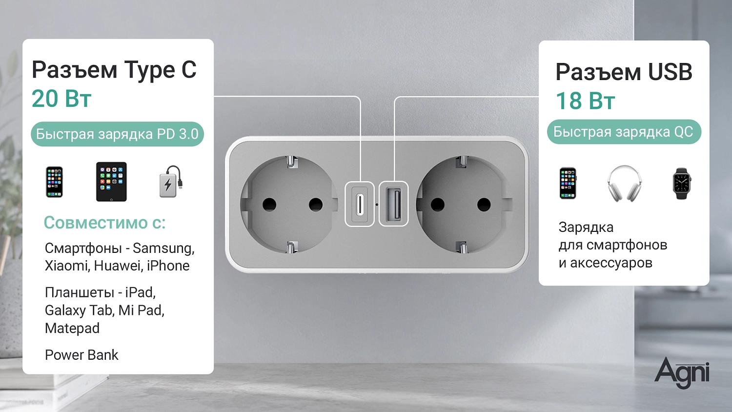 Разветвитель на 2 розетки, 1 USB + 1 Type-C 20 Вт, белый TP-WB2U2E