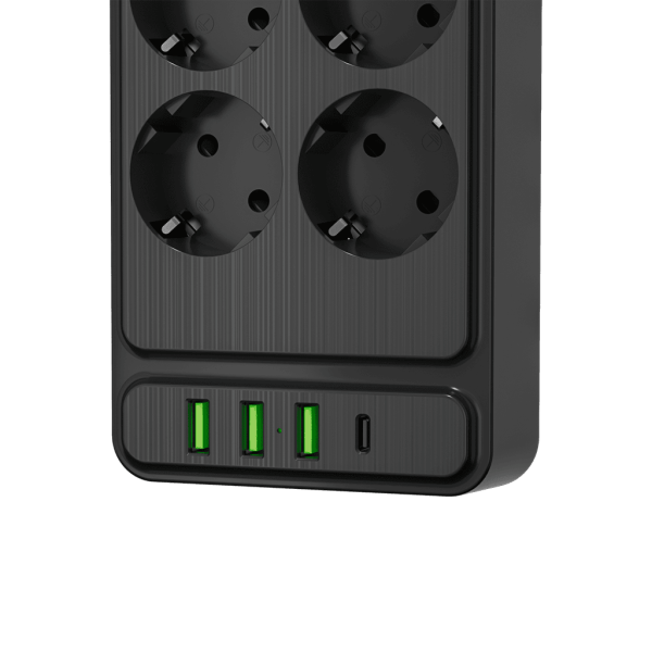 Сетевой фильтр плоский 8 розеток, 2 метра, 3 USB + 1 Type-C 20 Вт, чёрный TP-FS4U8E-PD