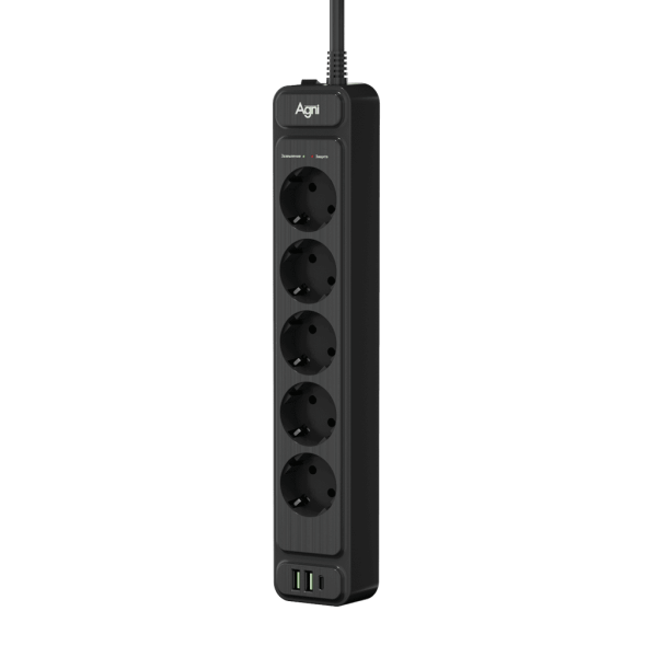 Сетевой фильтр плоский 5 розеток, 2 метра, 2 USB + 1 Type-C 20 Вт, чёрный TP-FS3U5E-PD