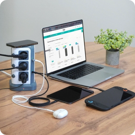 Сетевой фильтр башня 12 розеток, 2 метра, 3 USB + 2 Type-C 65 Вт, GaN, беспроводная зарядка, белый серый TP-VG6U12E-C-W