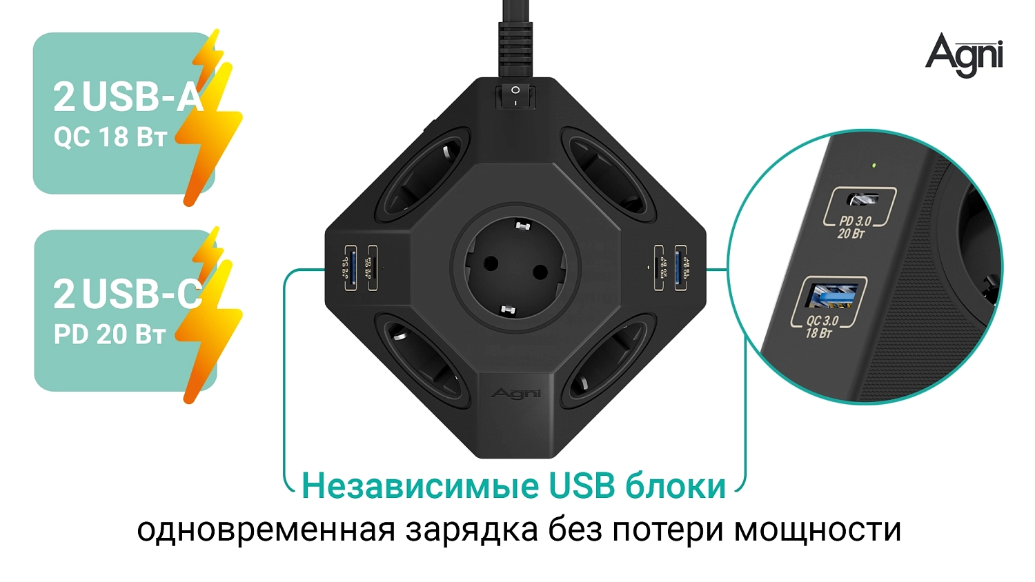 Сетевой фильтр пирамида 5 розеток, 2 метра, 2 USB-A+2 USB-C, чёрный TP-VH4U5E-PD