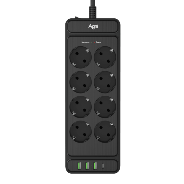 Сетевой фильтр плоский 8 розеток, 2 метра, 3 USB + 1 Type-C 20 Вт, чёрный TP-FS4U8E-PD