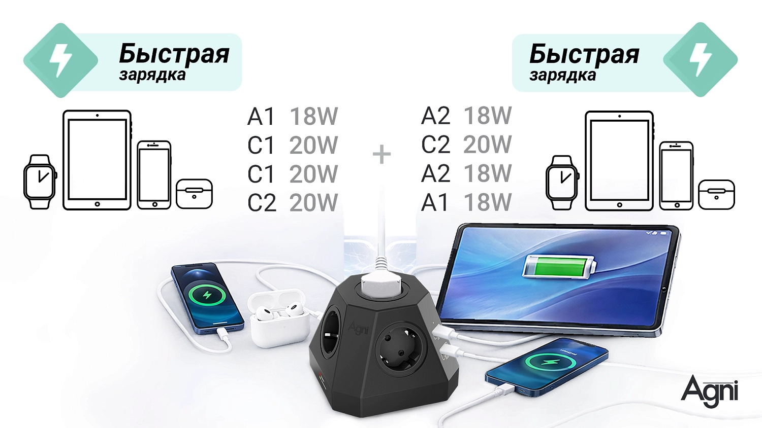 Сетевой фильтр пирамида 5 розеток, 2 метра, 2 USB-A+2 USB-C, чёрный TP-VH4U5E-PD