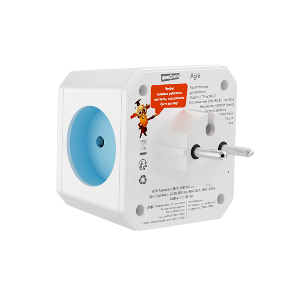 Разветвитель AGNI х Фиксики на 3 розетки, 1 USB 18 Вт + 1 Type-C 20 Вт, белый TP-WJ2U3E-FX