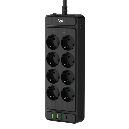 Сетевой фильтр плоский 8 розеток, 3 метра, 3 USB + 1 Type-C 20 Вт, чёрный TP-FS4U8E-PD