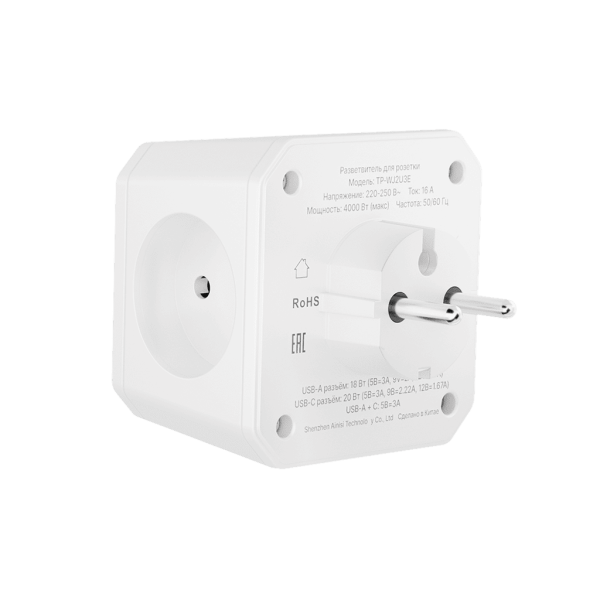 Разветвитель на 3 розетки, 1 USB 18 Вт + 1 Type-C 20 Вт, белый TP-WJ2U3E