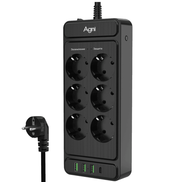 Сетевой фильтр плоский 6 розеток, 3 метра, 3 USB + 1 Type-C 20 Вт, чёрный TP-FS4U6E-C