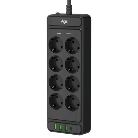 Сетевой фильтр плоский 8 розеток, 2 метра, 2 USB + 1 Type-C 20 Вт, чёрный TP-FS3U8E-PD